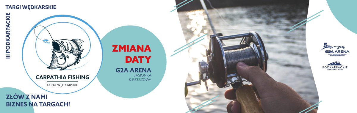 Archiwalny baner Carpathia Fishing — III Podkarpackie Targi Wędkarskie, z komunikatem Zmiana daty